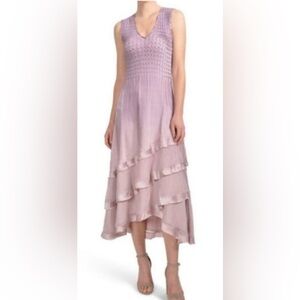 KOMAROV Charmeuse & Chiffon Tiered Hem Sleeveless Dress Pink Purple Mauve- Small